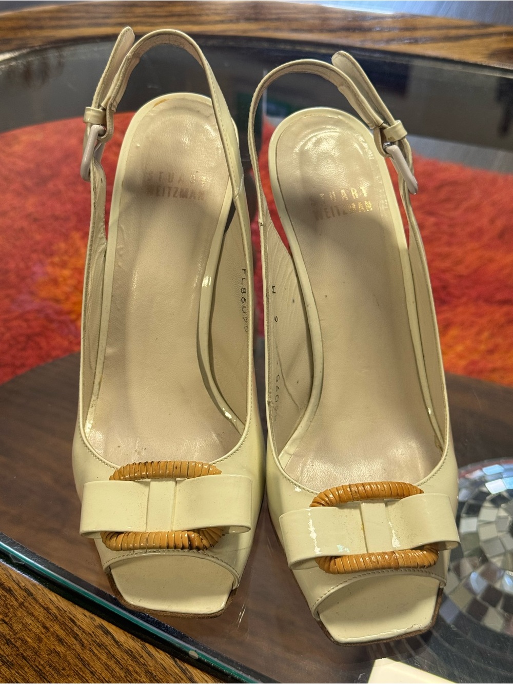 Vintage Stuart Weitzman Cream Patent Wicker Slingback Heels